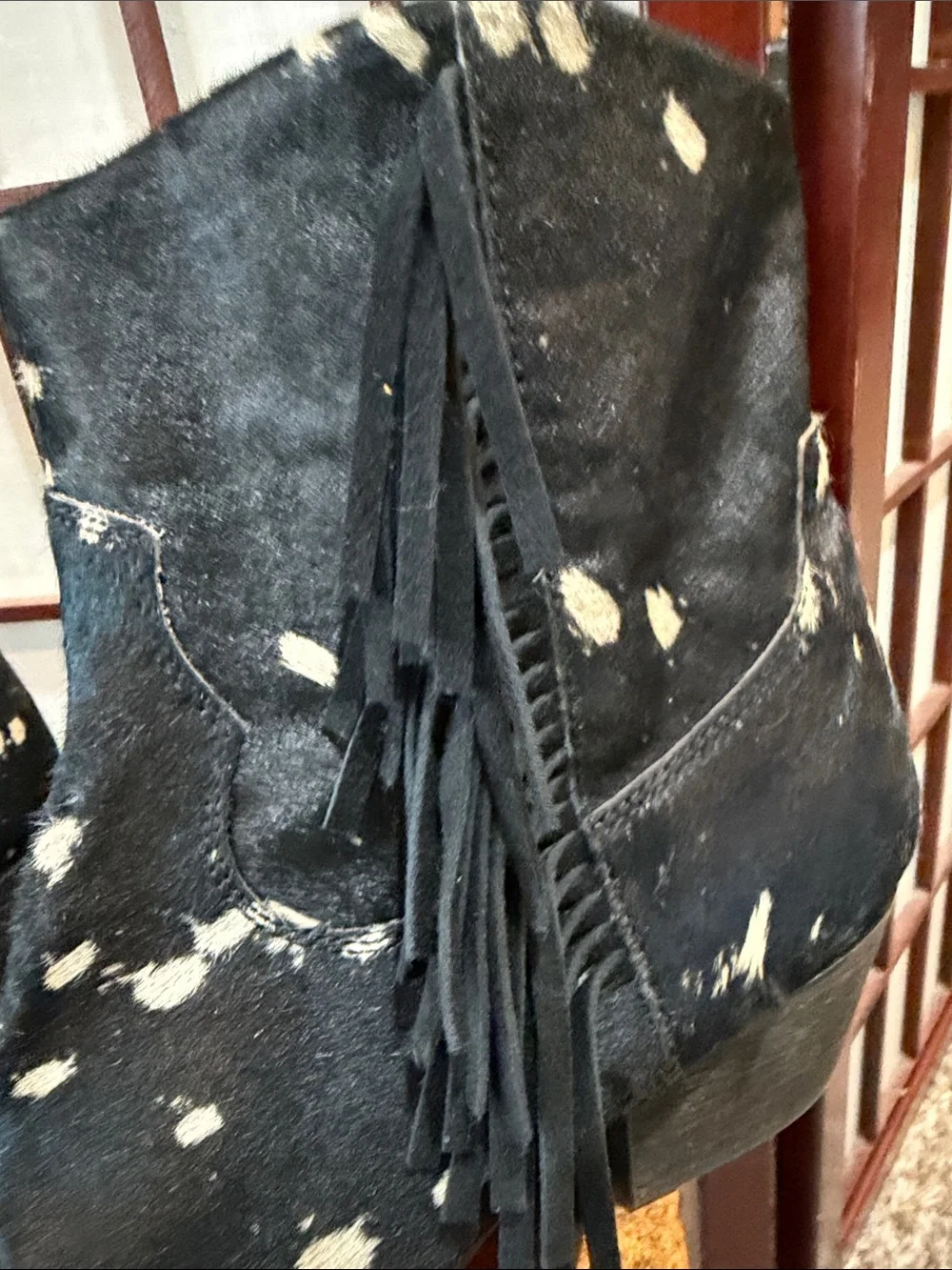Dingo Hair Cowhide Ankle Boots Fringe Zip Black & White 8.5